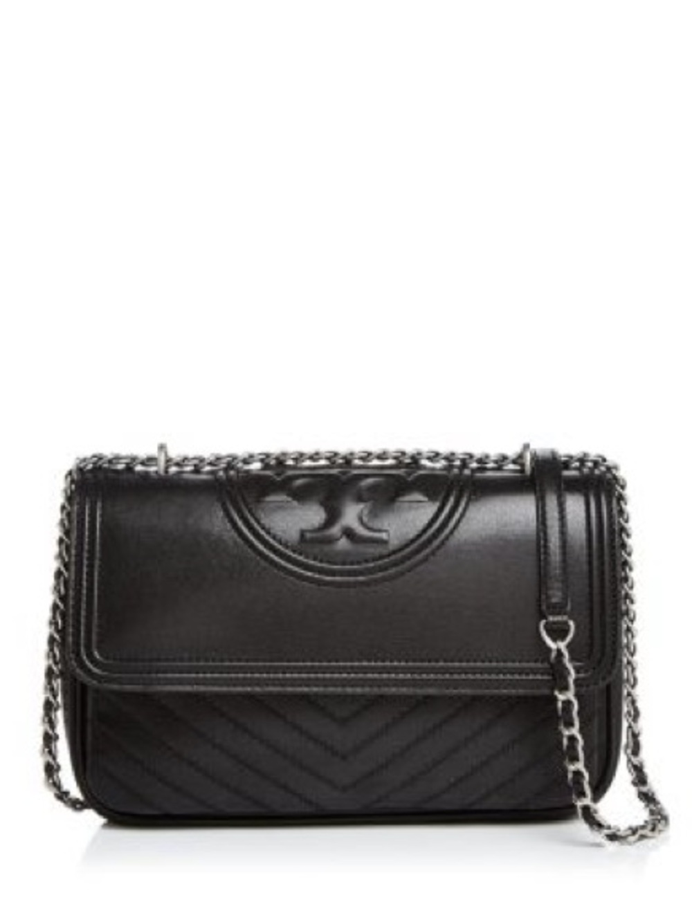 Tory Burch Fleming Distressed Shoulder Bag Metallic Black Leather